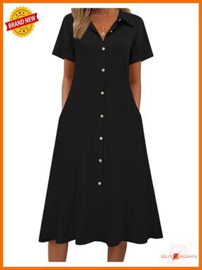 Button Down Shirt Dress A-Line Midi Sundress Short Sleeve Beach Travel Cover Up